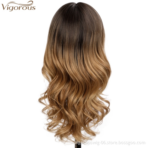 Vigorous Ombre Honey Brown Long Wavy Synthetic Lace Hair Wig Fluffy Middle Part Hairstyles Women's Cosplay Wig High Temperature